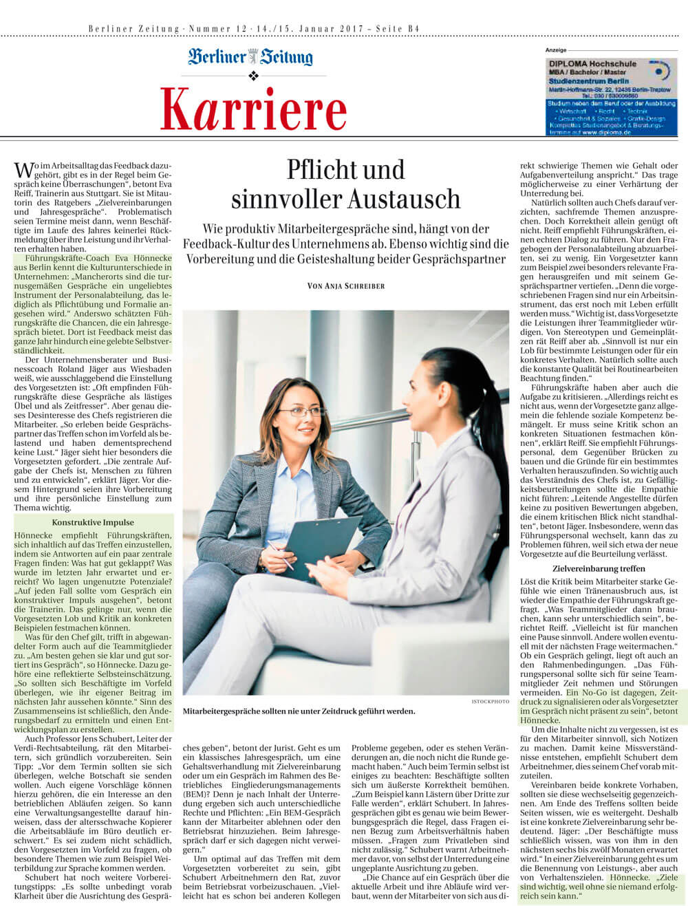 "Pflicht und sinnvoller Austausch" Artikel von Anja Schreiber Berliner Zeitung 14./15.01.2017 mit Expertenbeträgen von Eva Hönnecke