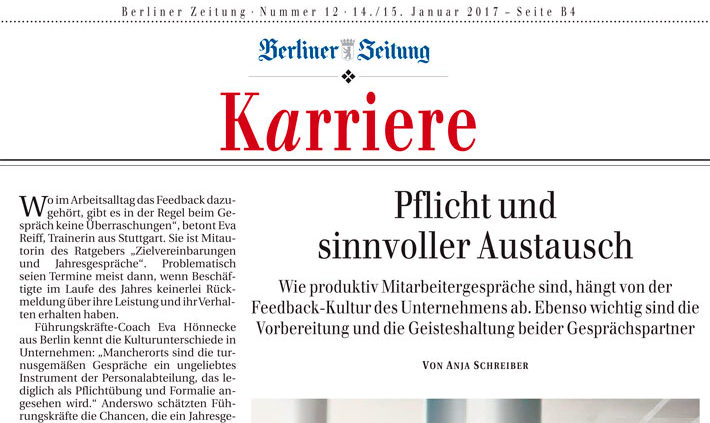 "Pflicht und sinnvoller Austausch" Artikel von Anja Schreiber Berliner Zeitung 14./15.01.2017 mit Expertenbeträgen von Eva Hönnecke