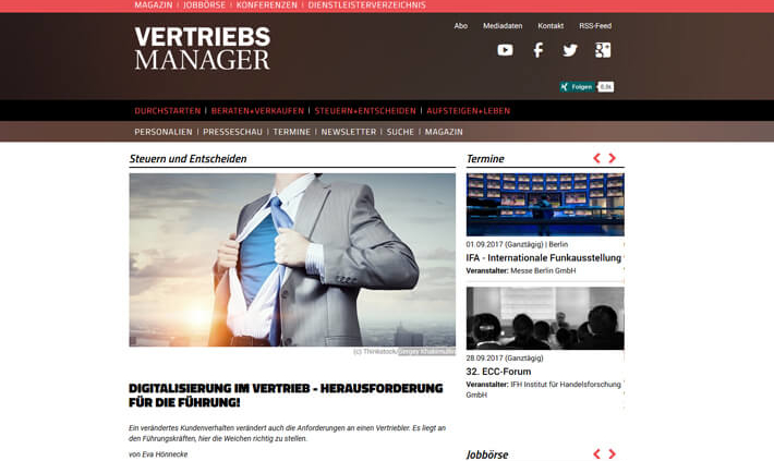 VERTRIEBSMANAGER online, 23.06.2017: Digitalisierung im Vertrieb - Herausforderung für die Führung! Autorin: Eva Hönnecke.